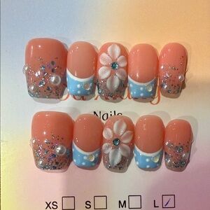 Coral and Blue Glitter handmade Press-On Nails